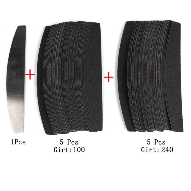 10pcs Black/Grey Removable SandPaper Nail File With Stainless Steel Handle Metal Replacement Nail Buffer 100/180 For Manicure