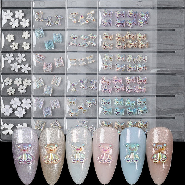 1 Pack 3D Cute Aurora Bear/Bow Ties/Skirt/White Flowers Acrylic Nail Art Decorations For Nails Glitter DIY Manicure Accessories