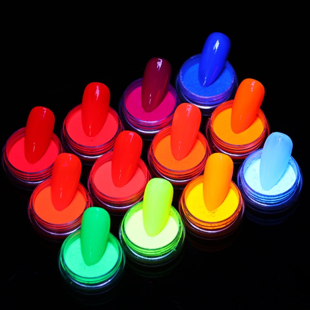 12 Boxes/Set Lasting Neon Phosphor UV Reactive Fluorenscence Sugar Nail Powder Pigment Dust Glitters Powder Decorations