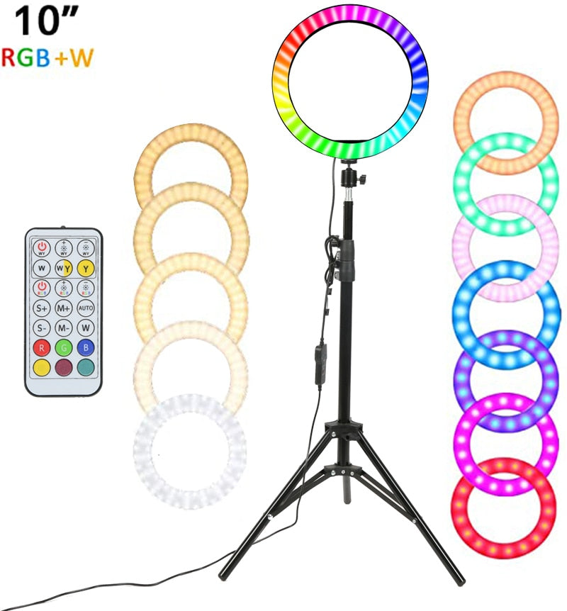 10" RGB LED Ring Light Selfie Photographic Lighting Colorful Ring Lamp Dimmable with Control Stand for TikTok Youtube Vlog Live