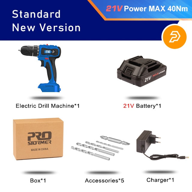 20V/21V Brushless Electric Drill 40NM/45NM Cordless Screwdriver Li-ion Battery Mini Electric Power Drill 5pcs Bit By PROSTORMER