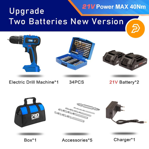 20V/21V Brushless Electric Drill 40NM/45NM Cordless Screwdriver Li-ion Battery Mini Electric Power Drill 5pcs Bit By PROSTORMER