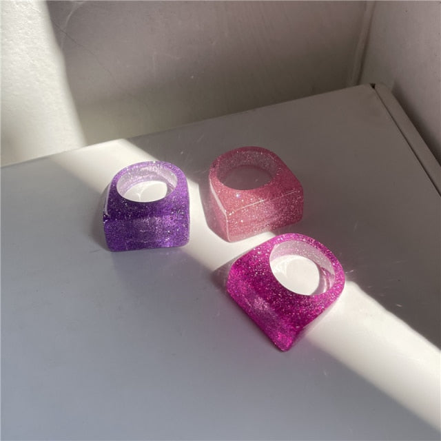 HUANZHI 2021 New Colourful Transparent Resin Acrylic Rhinestone Geometric Square Round Rings Set for Women Jewelry Travel Gifts