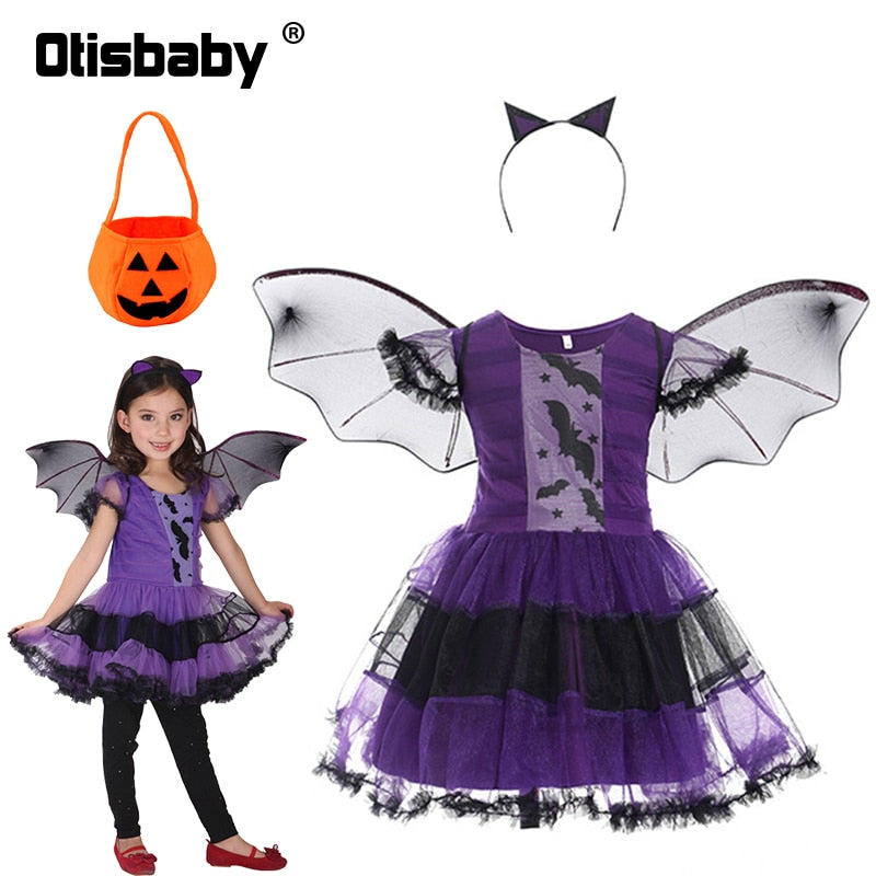 Children's Girl Witch Vampire Halloween Costume Kids Clothing Set Carnival Cosplay Costumes Prom Dress Suit Leggings Pumpkin Bag