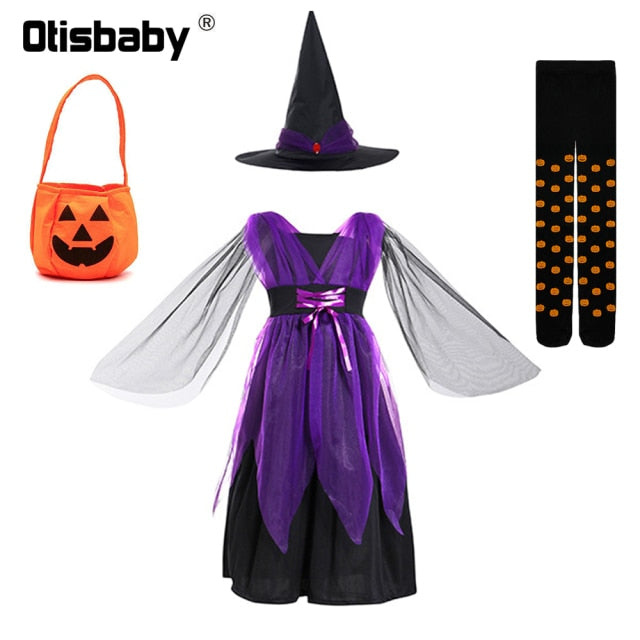 Children's Girl Witch Vampire Halloween Costume Kids Clothing Set Carnival Cosplay Costumes Prom Dress Suit Leggings Pumpkin Bag