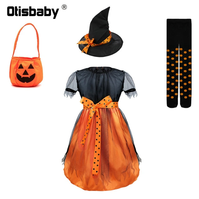 Children's Girl Witch Vampire Halloween Costume Kids Clothing Set Carnival Cosplay Costumes Prom Dress Suit Leggings Pumpkin Bag