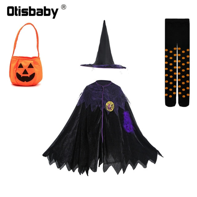 Children's Girl Witch Vampire Halloween Costume Kids Clothing Set Carnival Cosplay Costumes Prom Dress Suit Leggings Pumpkin Bag