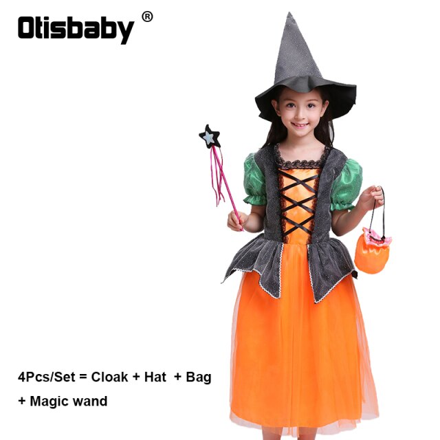 Children's Girl Witch Vampire Halloween Costume Kids Clothing Set Carnival Cosplay Costumes Prom Dress Suit Leggings Pumpkin Bag