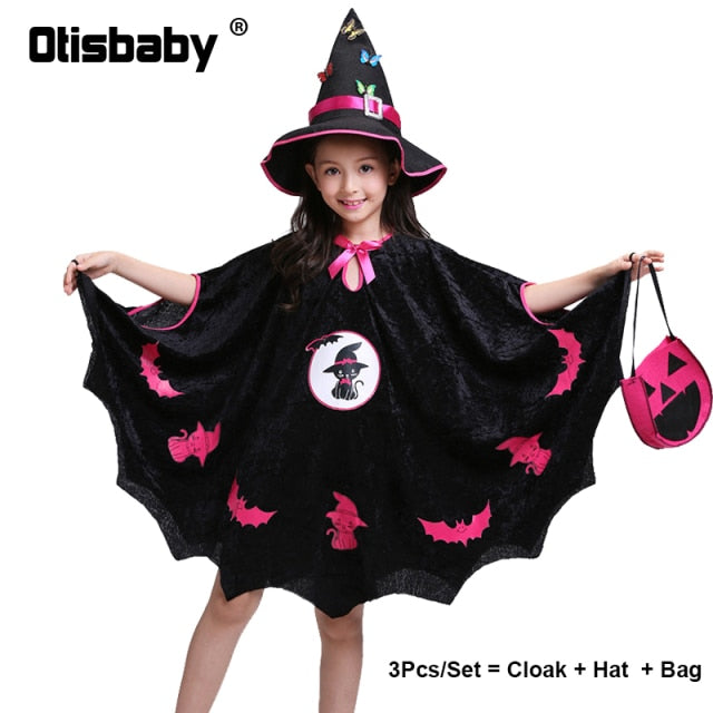 Children's Girl Witch Vampire Halloween Costume Kids Clothing Set Carnival Cosplay Costumes Prom Dress Suit Leggings Pumpkin Bag