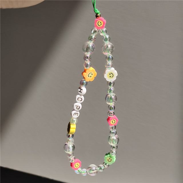 HANGZHI 2021 New Colorful Acrylic Bead Smile Mobile Phone Chain CellPhone Strap Anti-Lost Lanyard For Women Summer Jewelry
