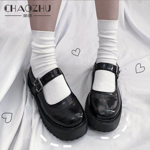 CHAOZHU  Japanese Korea High School Girls High Socks Loose Solid Colors Double Needles Knitting Cotton Long Socks Women