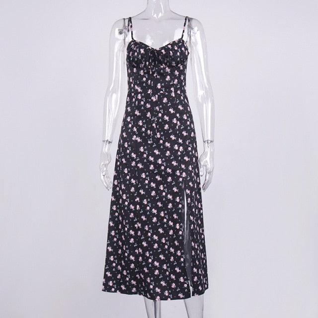 Autumn Sleeveless Vintage Floral Dress Women Casual Lace Up Front Print Dress Female Elegant Long Midi Party Vestidos Side Slit