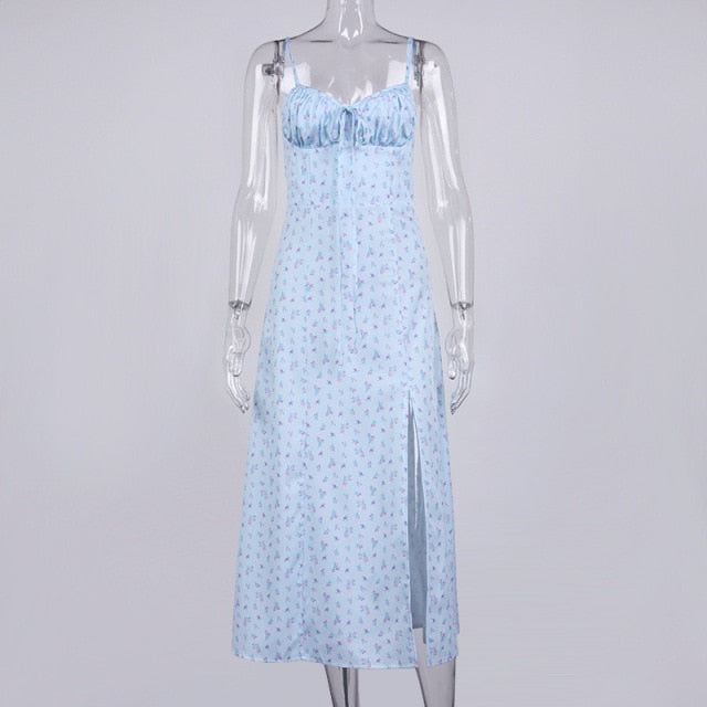 Autumn Sleeveless Vintage Floral Dress Women Casual Lace Up Front Print Dress Female Elegant Long Midi Party Vestidos Side Slit