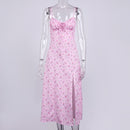 Autumn Sleeveless Vintage Floral Dress Women Casual Lace Up Front Print Dress Female Elegant Long Midi Party Vestidos Side Slit