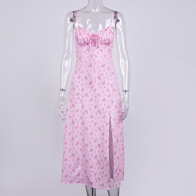 Autumn Sleeveless Vintage Floral Dress Women Casual Lace Up Front Print Dress Female Elegant Long Midi Party Vestidos Side Slit