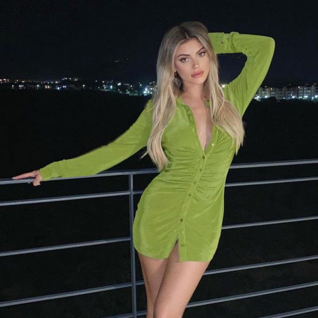 Cryptographic Ruched Black Women's Shirt Dress Fashion Casual Turn-Down Collar Button Up Women's Mini Dresses Bodycon Solid