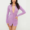 Cryptographic Ruched Black Women's Shirt Dress Fashion Casual Turn-Down Collar Button Up Women's Mini Dresses Bodycon Solid