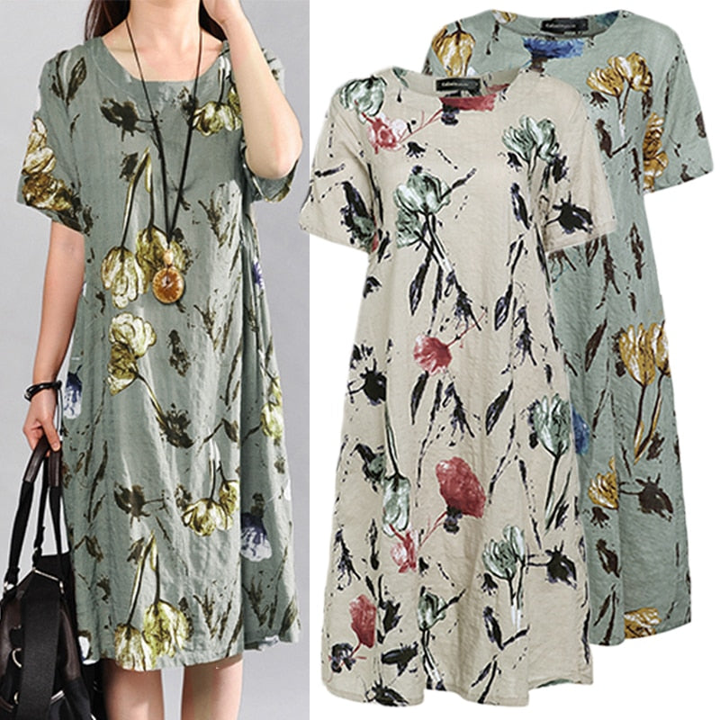 Celmia Bohemian Dress 2021 Summer Vintage Women Short Sleeve Floral Print Midi Sundress Loose Casual Party Beach Vestidos Robe