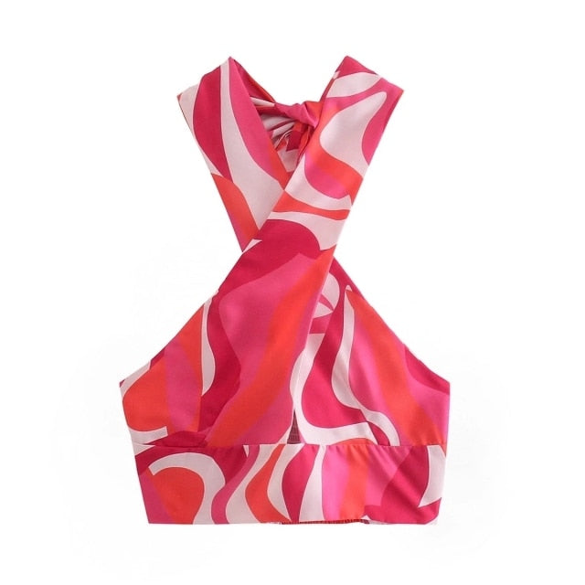 DUOPERI 2021 Women Fashion with Crossover Straps Tank Sexy Printed Tops Strapless Slim Fitted Female Camis Chic Crop Top