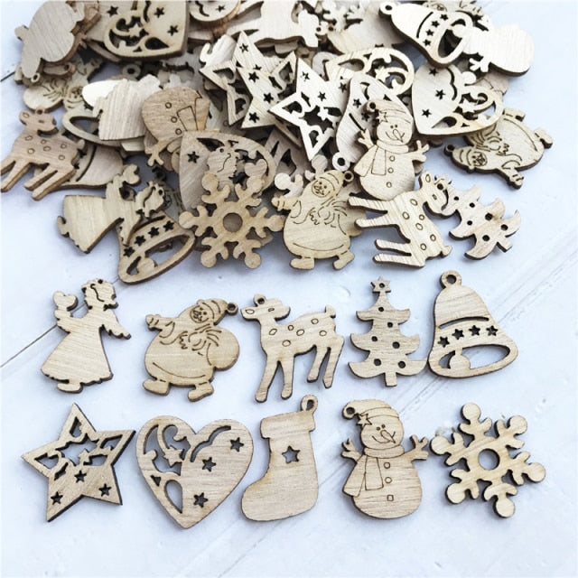 50pc 35mm Mix Shape Wooden White Snowflakes Christmas Ornaments Xmas Wood Pendants New Year Christmas Angel Decorations for Home