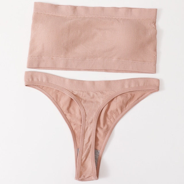 Women Bra Set Lingerie Sexy Female Seamless Underwear Brazilian Panties Bikini Set Push Up Bra Top Ribbed Strapless Bandeau Bras