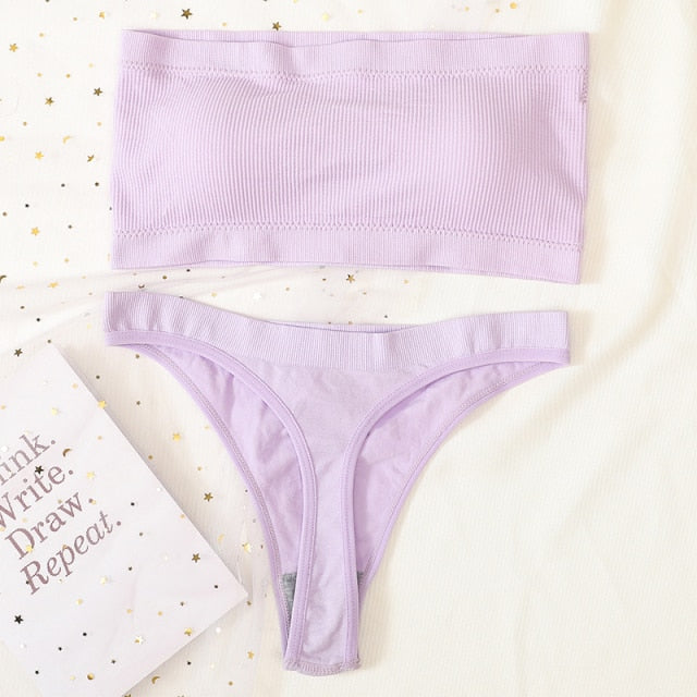 Women Bra Set Lingerie Sexy Female Seamless Underwear Brazilian Panties Bikini Set Push Up Bra Top Ribbed Strapless Bandeau Bras