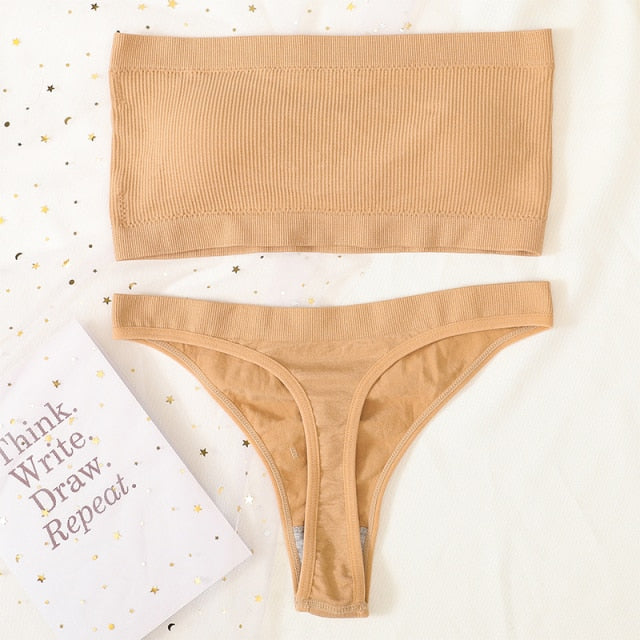 Women Bra Set Lingerie Sexy Female Seamless Underwear Brazilian Panties Bikini Set Push Up Bra Top Ribbed Strapless Bandeau Bras