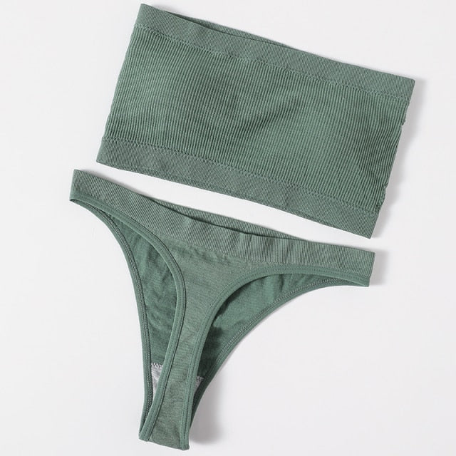 Women Bra Set Lingerie Sexy Female Seamless Underwear Brazilian Panties Bikini Set Push Up Bra Top Ribbed Strapless Bandeau Bras