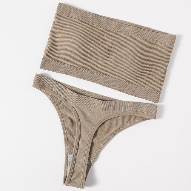 Women Bra Set Lingerie Sexy Female Seamless Underwear Brazilian Panties Bikini Set Push Up Bra Top Ribbed Strapless Bandeau Bras