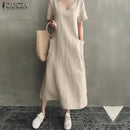 ZANZEA 2021 Women Long Maxi Summer Dress Casual Cotton Linen  Ladies Big Pockets Beach Party Robe Femme Vestidos