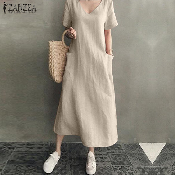 ZANZEA 2021 Women Long Maxi Summer Dress Casual Cotton Linen  Ladies Big Pockets Beach Party Robe Femme Vestidos
