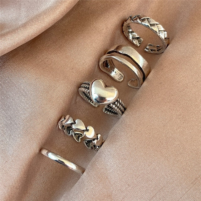 Punk Snake Gothic Silver Color Finger Ring Set 6PCS For Women  Heart Butterfly Wing Angel Wings Cupid Charms Rings Jewelry