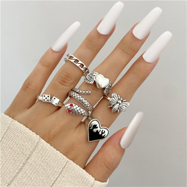 Punk Snake Gothic Silver Color Finger Ring Set 6PCS For Women  Heart Butterfly Wing Angel Wings Cupid Charms Rings Jewelry