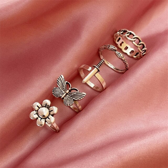 Punk Snake Gothic Silver Color Finger Ring Set 6PCS For Women  Heart Butterfly Wing Angel Wings Cupid Charms Rings Jewelry