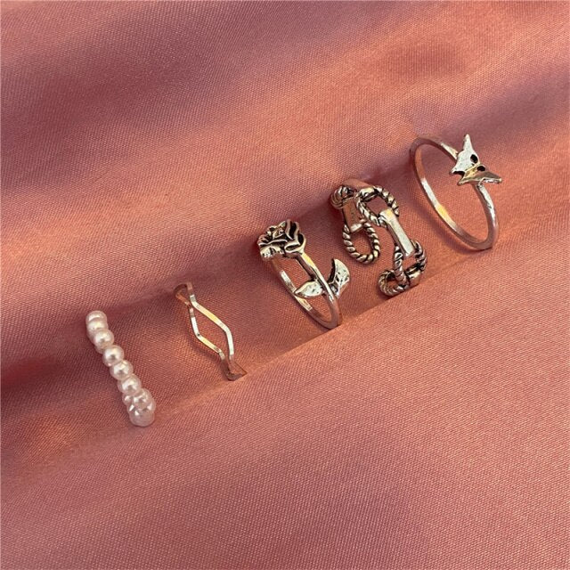 Punk Snake Gothic Silver Color Finger Ring Set 6PCS For Women  Heart Butterfly Wing Angel Wings Cupid Charms Rings Jewelry