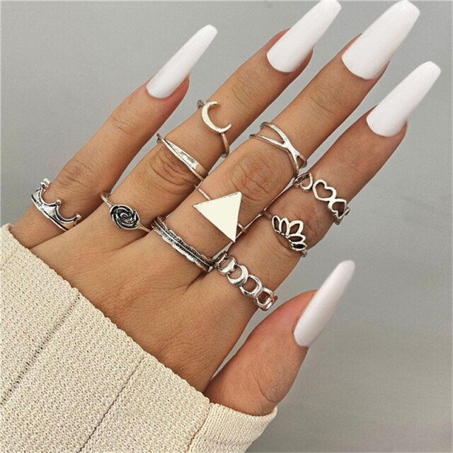 Punk Snake Gothic Silver Color Finger Ring Set 6PCS For Women  Heart Butterfly Wing Angel Wings Cupid Charms Rings Jewelry