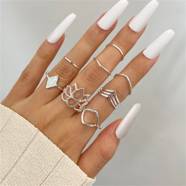 Punk Snake Gothic Silver Color Finger Ring Set 6PCS For Women  Heart Butterfly Wing Angel Wings Cupid Charms Rings Jewelry