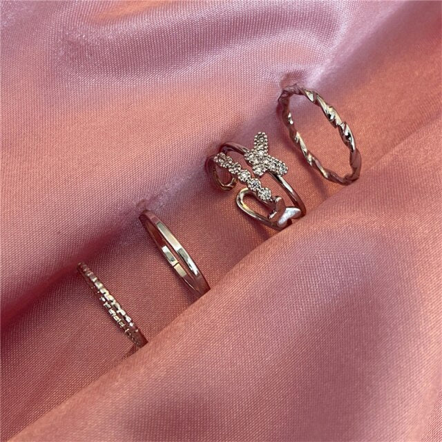 Punk Snake Gothic Silver Color Finger Ring Set 6PCS For Women  Heart Butterfly Wing Angel Wings Cupid Charms Rings Jewelry