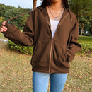 Brown Zip Up Hooded Sweatshirts Women 2021 Vintage Pockets Oversized Jacket Coat Autumn Female Y2K Aesthetic Long Sleeve Hoodie