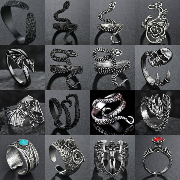 Rings for Men Women Punk Goth Snake Dragon Silver Color Ring Exaggerated Adjustable Chic Party Gift Jewelry Mujer Bijoux