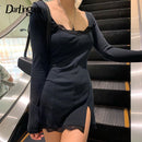 Darlingaga Square Neck Lace Patchwork Bodycon Black Dress Women Elegant Cotton Fashion Side Split Autumn Dress Mini Ladies Basic