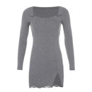 Darlingaga Square Neck Lace Patchwork Bodycon Black Dress Women Elegant Cotton Fashion Side Split Autumn Dress Mini Ladies Basic