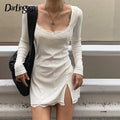 Darlingaga Square Neck Lace Patchwork Bodycon Black Dress Women Elegant Cotton Fashion Side Split Autumn Dress Mini Ladies Basic