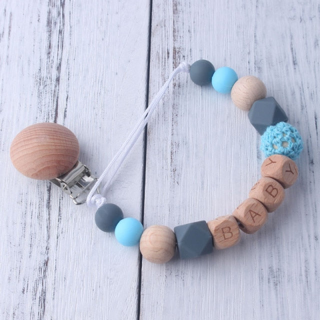 Personalized Name Beech Wood Chew Beads Pacifier Clip Custom Name Soother Chains Dummy Chain Holder Baby Teething Toy Baby Chew