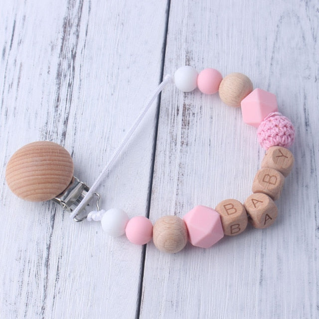 Personalized Name Beech Wood Chew Beads Pacifier Clip Custom Name Soother Chains Dummy Chain Holder Baby Teething Toy Baby Chew