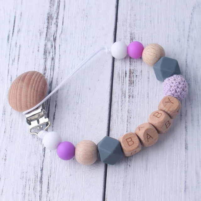 Personalized Name Beech Wood Chew Beads Pacifier Clip Custom Name Soother Chains Dummy Chain Holder Baby Teething Toy Baby Chew