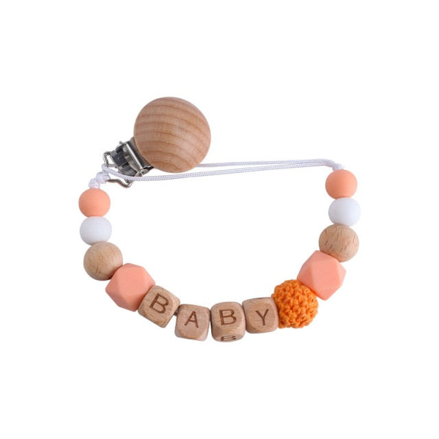Personalized Name Beech Wood Chew Beads Pacifier Clip Custom Name Soother Chains Dummy Chain Holder Baby Teething Toy Baby Chew