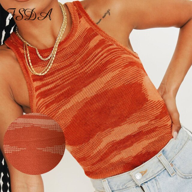 FSDA 2021 Knit Crop Top Women Sleeveless Basic T Shirts Casual Summer Off Shoulder Blue O Neck Tank Top Vintage Fashion