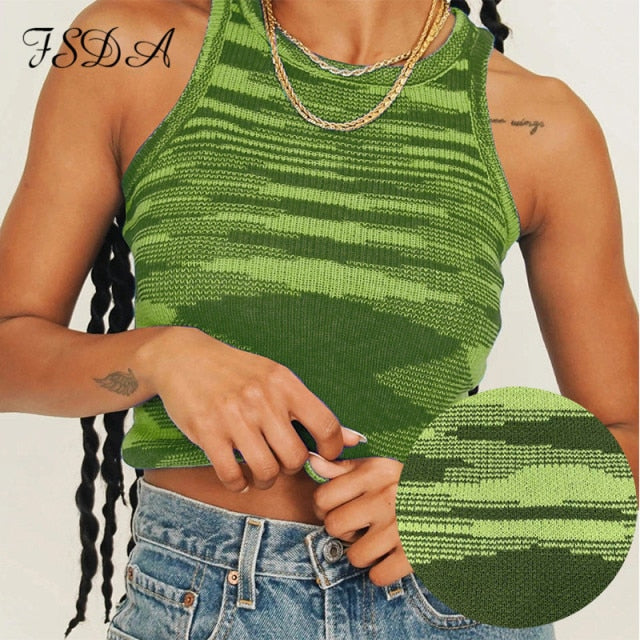 FSDA 2021 Knit Crop Top Women Sleeveless Basic T Shirts Casual Summer Off Shoulder Blue O Neck Tank Top Vintage Fashion