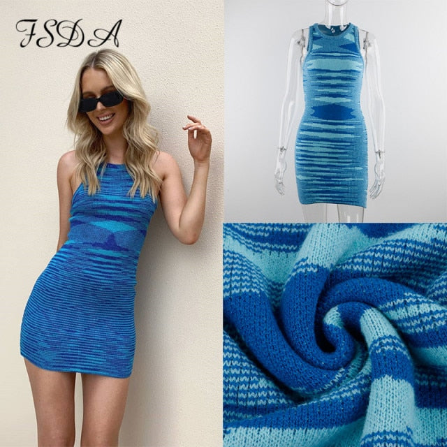 FSDA 2021 Knit Crop Top Women Sleeveless Basic T Shirts Casual Summer Off Shoulder Blue O Neck Tank Top Vintage Fashion